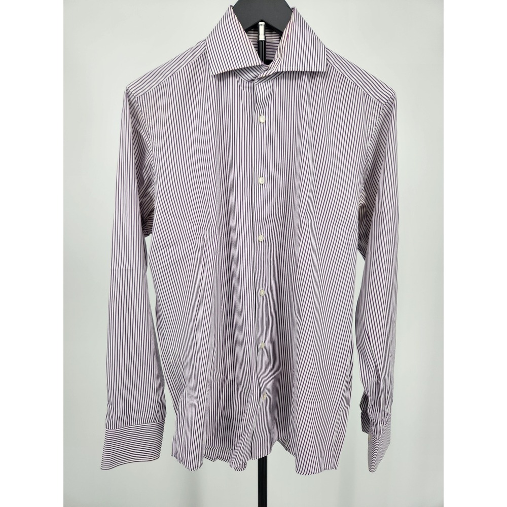 Boss Purple White Striped LS Spread Collar Dress Shirt Mens Professional